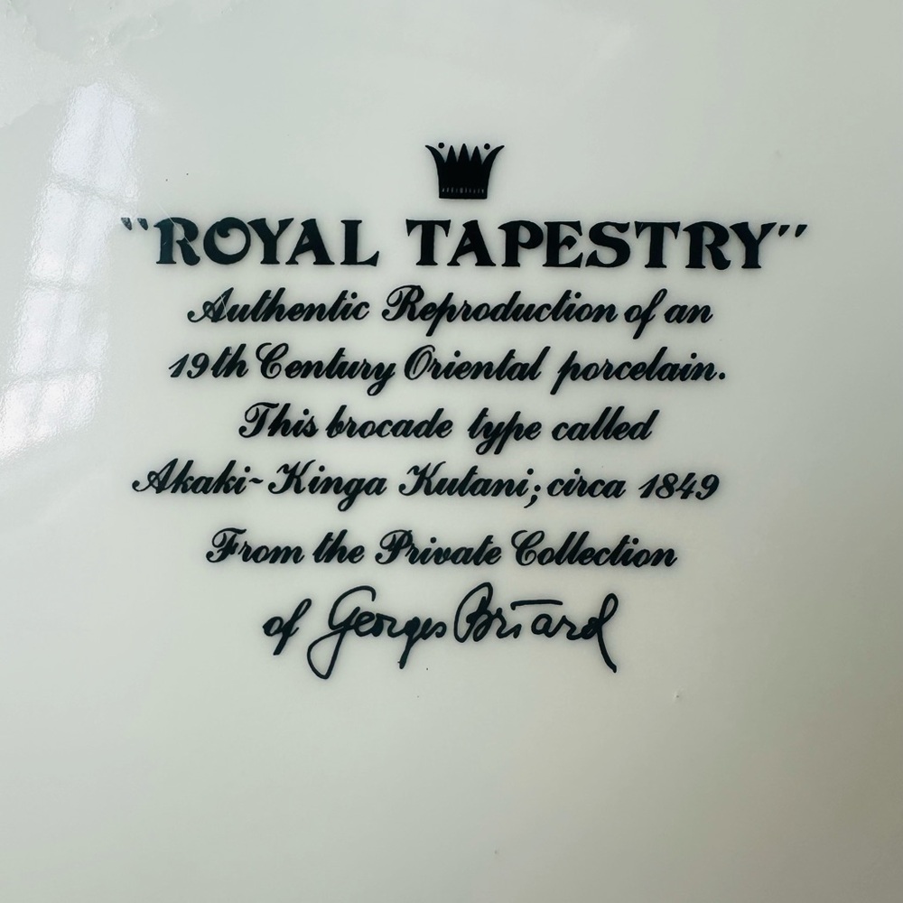 Royal Tapestry 10” plates. Gold, black, and white.